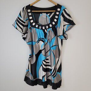 Vtg Y2k Fashion Bug Tunic Top Size 18/20W Blue Black Beaded Flutter Sleeve Disco
